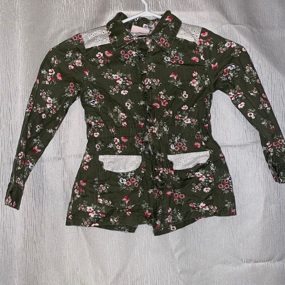 Adorable girls jacket army green with flowers - Picture 1 of 6